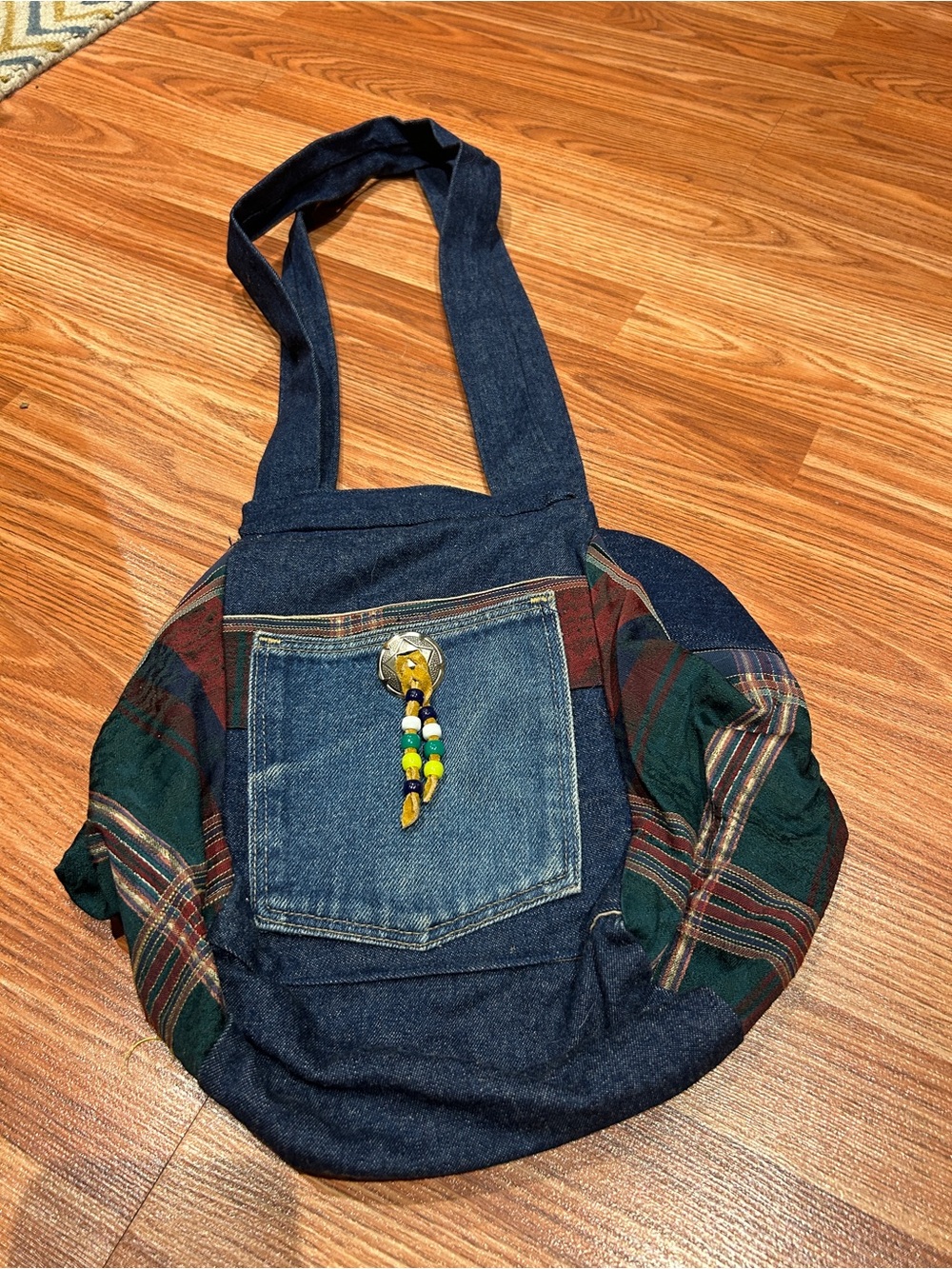 Denim Plaid Patchwork Tote Bag Crossbody Boho Beaded Accent